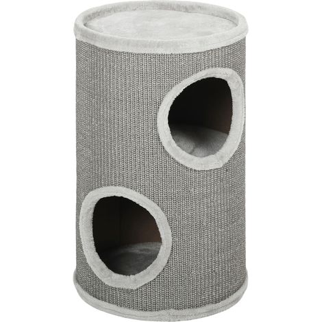 Griffoir en forme de tonneau, 60 cm de haut, Ø 35 cm, à deux étages avec 2 niches, bord en peluche, pour 1 à 2 chats jusqu'à 5 kg, gris clair (1/5)