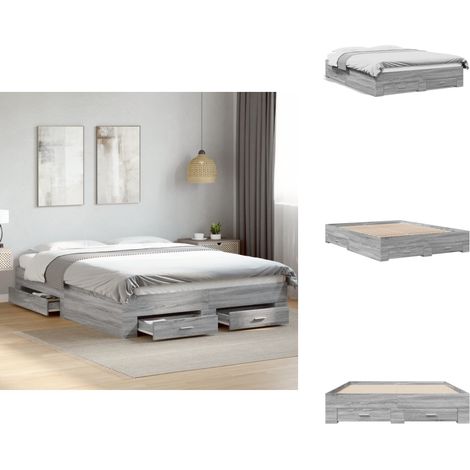 Bettgestell mit Schubladen Grau Sonoma 150x200 cm Holzwerkstoff - Holzbettfassungen - Bettsystem - Doppelbett - Boxspringbett - Massivholzbette (1/5)