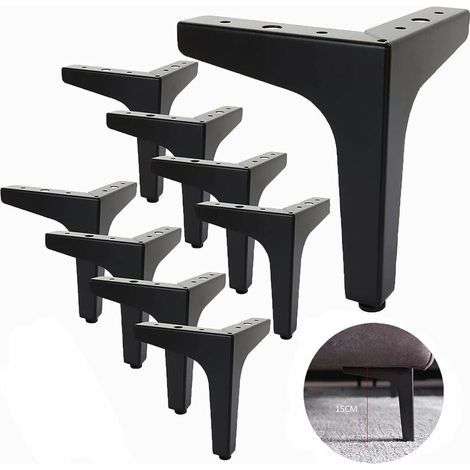 Lot de 8 Pieds de Canapé Metal 15 cm, Pieds de Table Basse Métal Charge Jusqu'à 600 KG Pied de Meuble Noir, Support de Table en Fer Forge /Sofa, Pied pour Meuble TV, Placard (1/5)