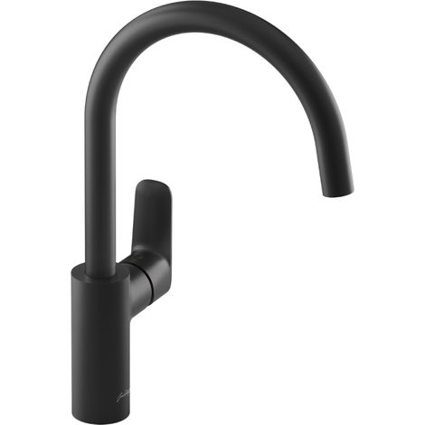 Jacob Delafon – Robinet cuisine col de cygne orientable noir mat – Économie d'eau avec butée éco – Installation rapide avec flexibles d'alimentation – Laiton résistant à la corrosion (1/4)