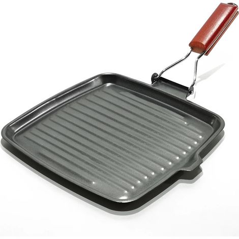 TRADE SHOP - Bistecchiera Antiaderente In Acciaio Al Carbonio Con Manico Pieghevole 25x25 Cm Cucina -