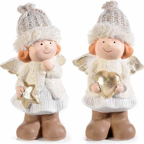 Angioletti Natalizi da Tavolo in Ceramica con Cappello a Maglia - Set da 2 (1/2)