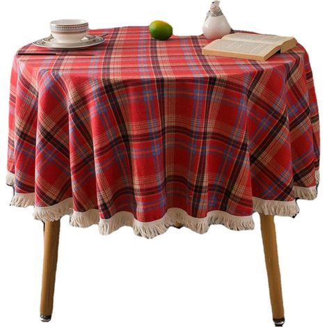 Nappe ronde à carreaux et pompons blancs - Motif à carreaux rouges tissés + pompons blancs - 150 cm