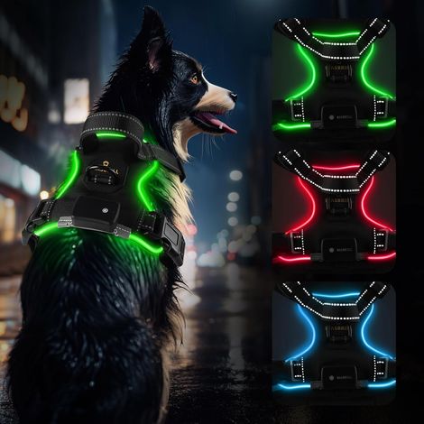 Harnais Chien Lumineux, LED Harnais Chien Anti Traction Réglable pour Petit Moyen Grand Chien, Réfléchissant éclairage Harnais avec 2 Anneaux et Poignée Contrôle, Facile à Mettre(Noir-Vert,L) (1/5)