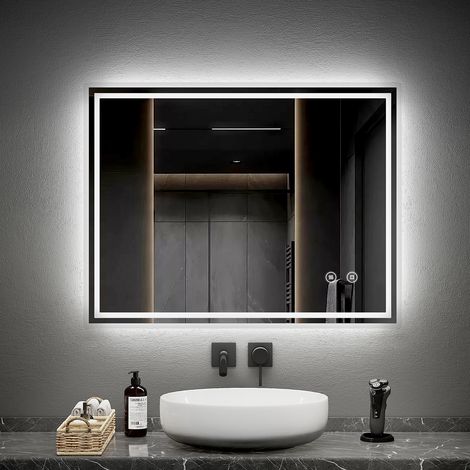 EMKE LED Badspiegel mit Anti Fog 70x90cm Kaltweiß Dimmbar Touch Steuerung mit Doppel Satinierter Rand