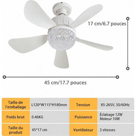 Ventilateur de plafond LED E27 abat-jour cristal 5 pales 3 vitesses 45cm réf 8372 15 × 15 × 25 cm 600 g – Livraison gratuite