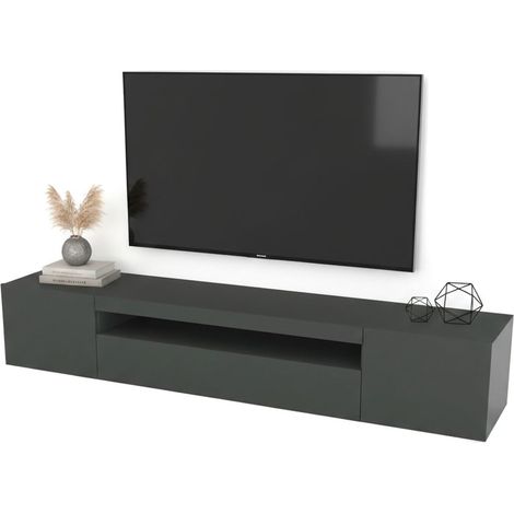 Dmora - Mobile porta TV Dafrim, Credenza bassa da soggiorno a 3 ante, Base porta televisione, 100% Made in Italy, cm 200x40h37, Antracite lucido, con luce LED
