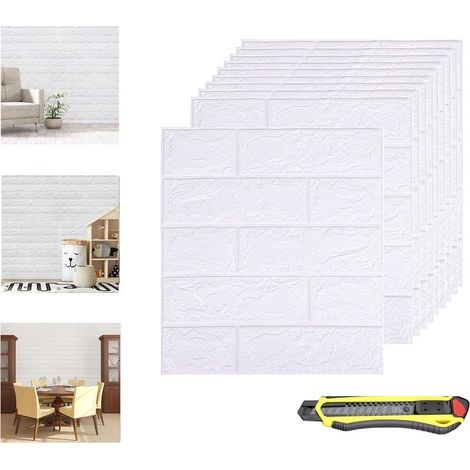 10 piezas de papel tapiz 3D con diseño de ladrillo, adhesivos de pared blancos con imitación de ladrillo, impermeables para decoración, panel decorativo de pared DIY para dormitorio, hogar, cocina (35 (1/5)