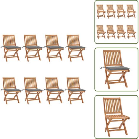 The Living Store Chaises pliables de jardin avec coussins lot de 8 Teck solide - Chaise de jardin teck (1/5)