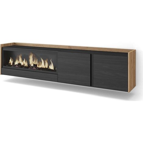 Mueble TV Salares-01 de 212x50x35 cm con chimenea eléctrica XXL, suspendido, color negro y roble (1/4)