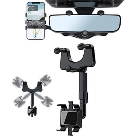 Support Téléphone Rétroviseur - Rotation 360 Degrés - Rétractable - Compatible Rétroviseur 6-9 cm Hauteur 3-6 cm Épaisseur - Noir - 1 Pièce (1/4)