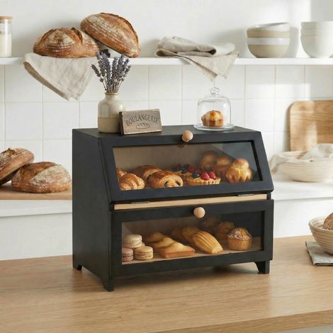 Elégante Boîte à Pain, Présentoir Double Niveau avec Vitre Transparente, Pinewood et Bois Massif, Rangement Pain et Viennoiseries, pour Cafés, Banquets de Mariage, Bistros, 38.9 x 25 x 32cm (1/5)