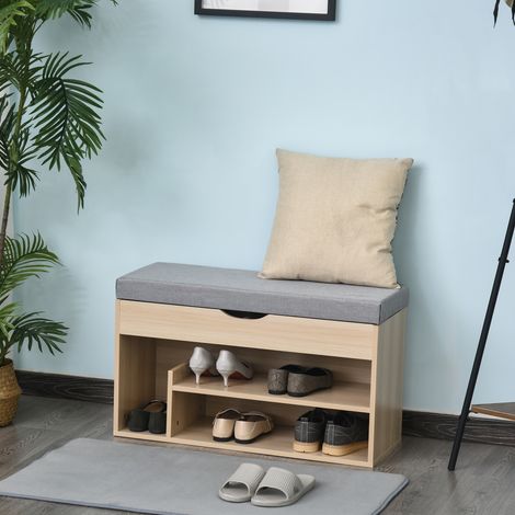 Zapatero 2 en 1, banco de madera con asiento acolchado y compartimento oculto, para recibidor/entrada, 80 x 30 x 48 cm (1/5)
