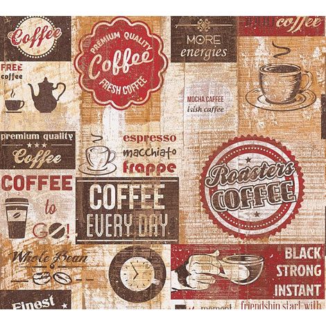 Bistro Coffee Shop Diner Wallpaper Kitchen Vintage Red Brown Beige Embossed (1/3)