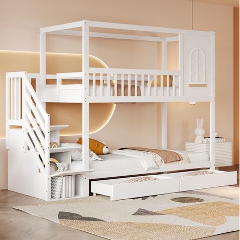 Cama litera infantil 90 x 200 cm, con cajones y escalera de almacenamiento, blanca HAVRYA (1/5)