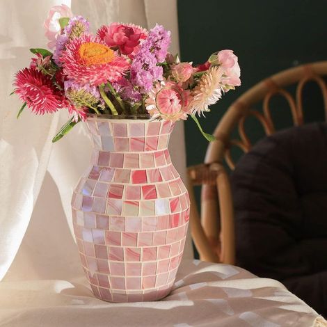 Vaso in vetro rosa per fiori – Vaso moderno e bohémien per decorare la tavola, ideale per il soggiorno, la cucina, il davanzale e la mensola. (1/5)