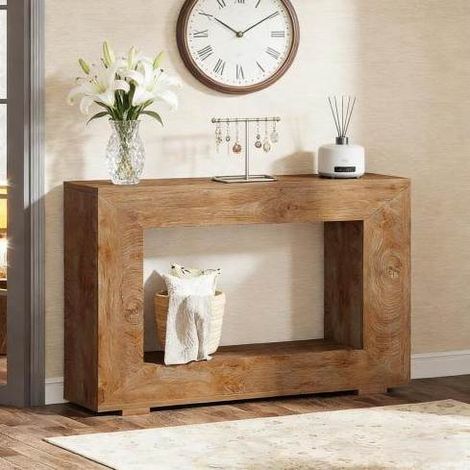 Mesa consola de madera marrón 120 cm con almacenaje, estilo rústico farmhouse (1/5)