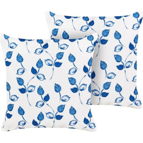 Set di 2 cuscini da giardino con federa in tessuto bianco e blu con motivo con foglie 45 x 45 cm Torbora