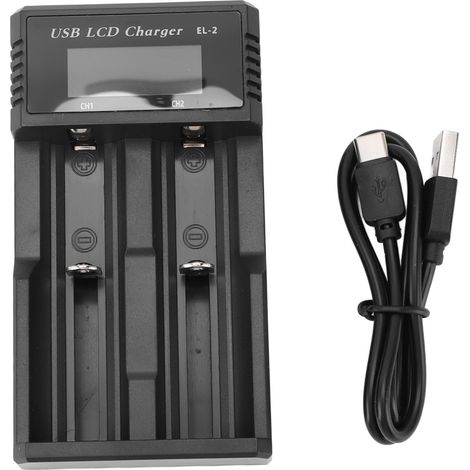 Ortviai Chargeur de Batteries 2 Logements avec Écran LCD, USB-C, Protection Multiple pour Batteries Lithium 3,7 V et Ni-MH/Ni-Cd 1,2 V