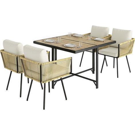 Outsunny conjunto de mesa y sillas jardín de ratán de 5 piezas, con mesa de plástico-madera, 4 sillas con cojines extraíbles, marco metal resistente (1/5)