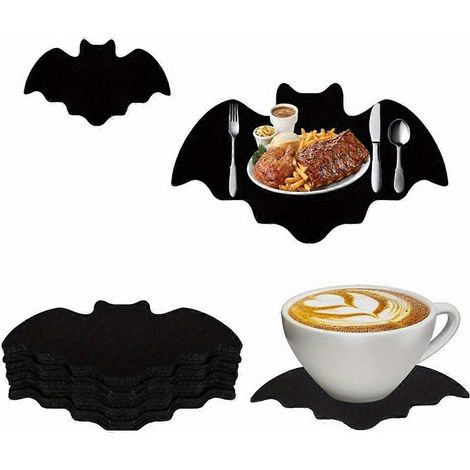 Nouveaux modèles : Set de table chauve-souris en feutrine, napperon d'Halloween, chauve-souris noire, antidérapant, résistant à la chaleur, accessoires de décoration de table pour fêtes (1/5)