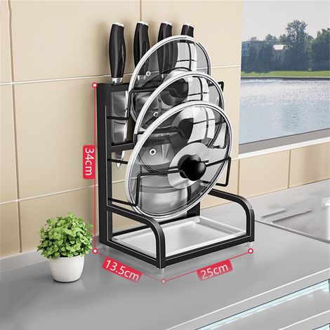 Wandmontierter Deckelhalter und Messerblock aus Edelstahl 304, schwarz, bohrfreies Küchenregal, 2-in-1-Lösung für Arbeitsplatte/Wandmontage, mit Essstäbchenhalter, ein Schlitz (1/2)