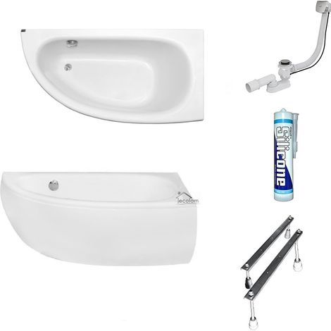 ECOLAM Baignoire d'angle Milena acrylique blanc 150x70 cm droite + tablier en acrylique + bonde vidange et trop-plein automatique, pieds silicone (1/5)