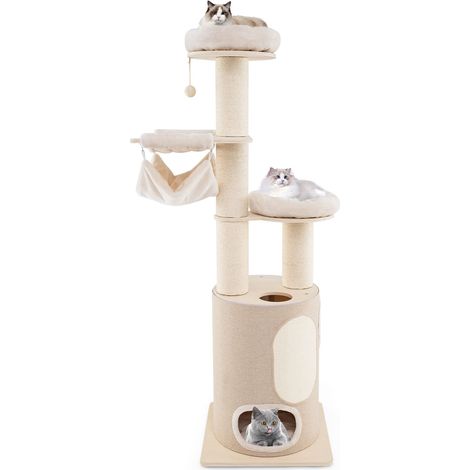 COSTWAY 187 cm Tall Wooden Cat Tower Tree w/ 2-Story Cat Condo & Hammocks (1/5)