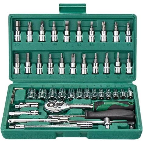 Lot douilles et cliquet Chrome Vanadium 1/4" clé cliquet Adaptateur Jeu Coffret Douille 46 pièces (1/4)