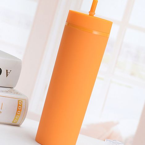 Set mit 16 doppelwandigen, geradwandigen Kunststoffbechern, 473 ml (16 oz), großes Fassungsvermögen, mit Strohhalm, ideal für Kaltgetränke, Orange, individuell gestaltbares Logo, Großhandel (1/3)