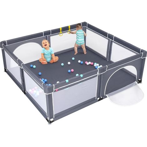 COSTWAY 206 x 185,5cm Baby Laufstall mit 50 Spielbällen, Laufgitter mit atmungsaktivem Netz und Reißverschluss, Krabbelgitter mit 2 Türen, Laufgitterzelt für Säuglinge und Kinder (Dunkelgrau, Blau, Du
