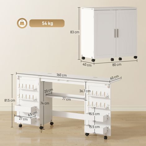 Table pliante pour machine à coudre (avec étagères, 20 crochets, roulettes verrouillables, blanche) (1/5)