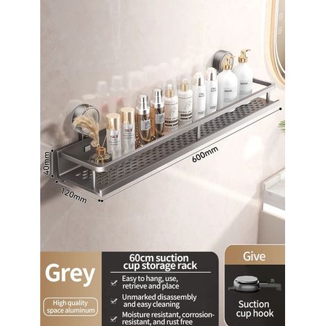 (Couche grise 60 cm) Étagère de salle de bain à ventouses sans perçage, support mural en aluminium pour toilettes. Organisateur mural pour salle de bain. (1/5)