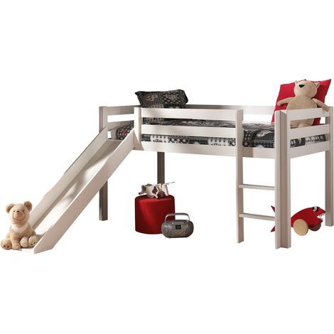 Hochbett Kinderzimmer PINOO-12 mit Leiter und Rutsche in Kiefer massiv lackiert, B/H/T: ca. 210/114/218 cm