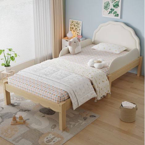 Letto per bambini 90x200 cm con testiera e sponde laterali imbottite, rete a doghe, legno beige naturale. (1/5)