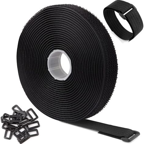 Sangles Velcro de 5 mètres de long et 2 cm de large. Comprend 25 boucles. Attaches de câble Velcro. Organisateur de câbles. Gestion des câbles. Attaches de câble réglables. Noir. (1/5)