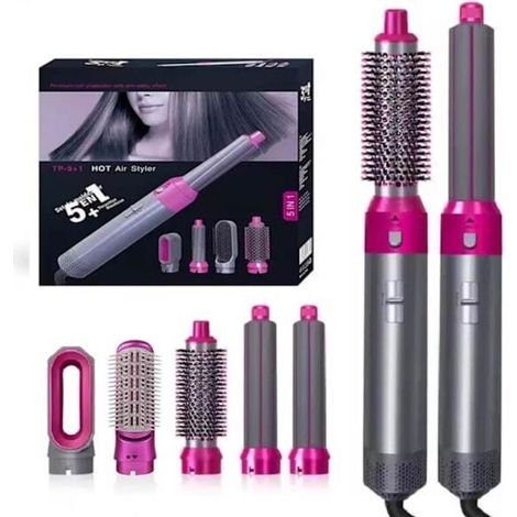 Dieses 5-in-1 multifunktionale Haarstyling-Tool vereint Föhnen, Glätten und Locken in einer einzigen grauen Farbe.