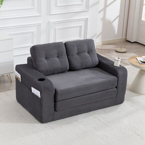 Canapé convertible en velours côtelé canapé relax 2 places 136 cm avec porte-gobelets et poches, gris (1/5)
