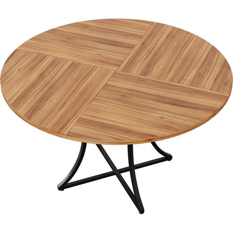 Mesa de comedor redonda de 100 cm para 4-6 personas, MDF efecto nogal, base metálica negra en X (1/5)