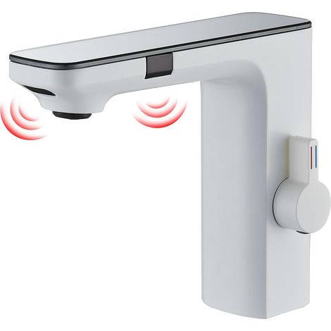 Robinet Automatique sans Contact pour Salle de Bain,Robinet d'Évier de Salle de Bain Alimenté par Piles en Laiton Activé par le Mouvement Mains Libres avec Boîtier de Contrôle,Blanc (1/5)