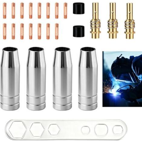 Kit of 25 MIG/MAG MB15 15AK, Torch Accessories Welding Consumables, 15 M6 0.8 mm Contact Tips, 4 Conical Gas Nozzles, 3 Nozzle Handles, 2 Insulators, 1 Adjustable Wrench