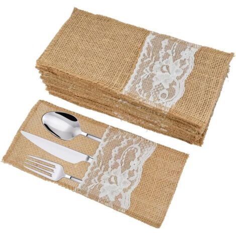 40Pcs Sacs à Couverts en Jute, Porte-couverts en Toile de Jute, Sacs à Couverts Vintage avec Décoration de Mariage en Dentelle Centres de Table pour Restaurant, Fête, Mariage