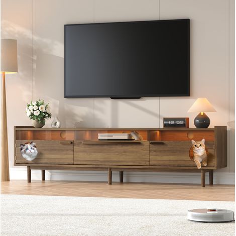 Mobile TV 180x40x50 cm in MDF color noce con illuminazione LED, ante in vetro, 1 cassetto e apertura per gatto (1/5)