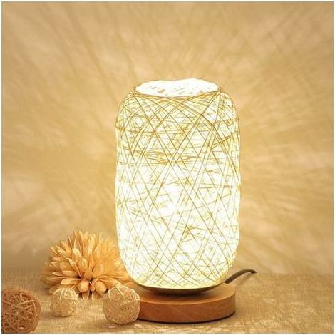 Lampe de chevet en bois et corde de chanvre – LED rechargeable USB – Intensité variable – IP65 – 14x12x23 cm (1/5)