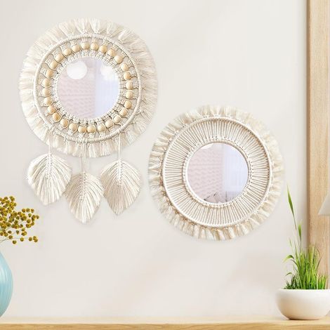 Lot de 2 miroirs décoratifs à suspendre au mur avec franges tissées, miroir mural rond bohème en macramé pour salon, chambre à coucher (1/5)