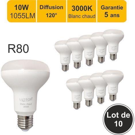 Lot de 10 ampoules LED E27 R80 10W (équiv. 75W) 1055Lm 3000K - garantie 5 ans