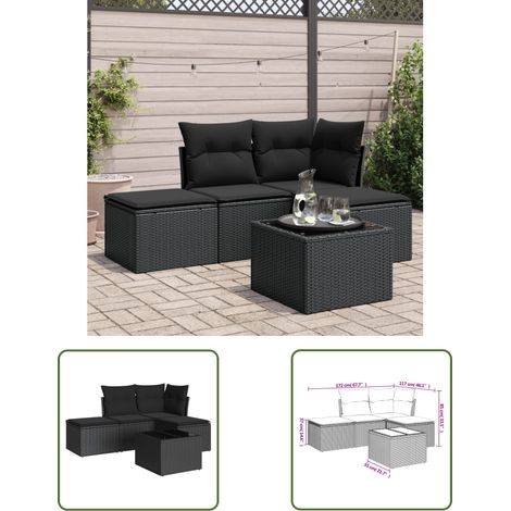 The Living Store Salon de jardin 5 pcs avec coussins noir résine tressée - Ensemble Salon De Jardin - Mobilier De Jardin - Résine Tressée - Rotin Synthétique - Chaise De Jardin (1/3)