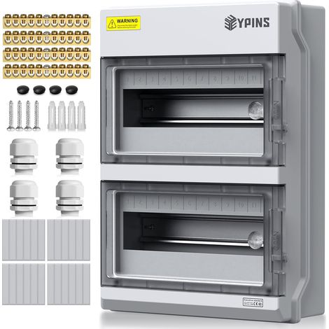 Coffret Électrique 24 Modules Boîtier Électrique Extérieur IP65 Intérieur avec 4 Presse-étoupes M32,4 Barres de Cuivre,Kit de Fixation pour Villa,Chantier(26.5x11x37cm) (1/5)