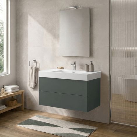 Mobile bagno sospeso 100 cm verde due cassetti push-pull e lavabo in resina Tierra (1/5)