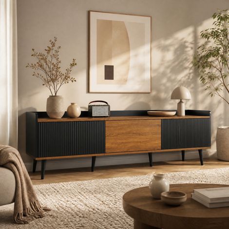 Meuble TV 160 cm à 3 portes, noir et bois naturel, charge max. 60 kg DESVIAE (1/5)